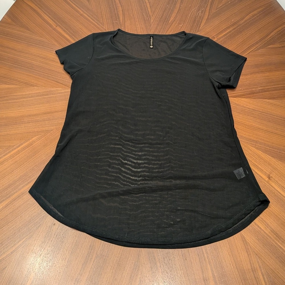Piphany Mesh Top Women Small Black Excellent Short Sleeve Scoop Neck Curved Hem